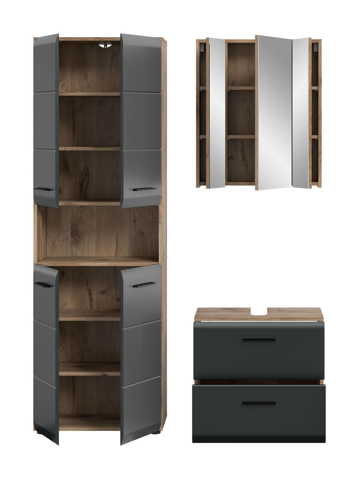 BADEZIMMER Alba 3-tlg. B/H/T: ca. 135/185/30 cm) in Nox Oak /schwarz matt - Eichefarben, Holz (135/185/30cm)