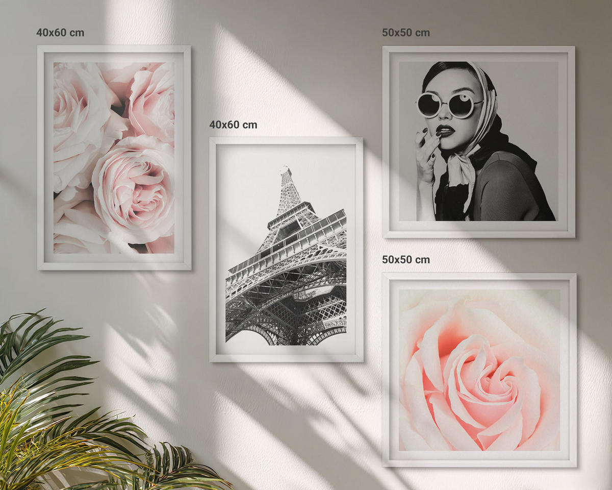 WANDBILDER 4er-Set - 50x50 cm & 40x60 cm Weißer Rahmen - Eiffels Porträt einer Frau mit Rosen - Weiß, Kunststoff (50/50cm) - ArtPrintCave