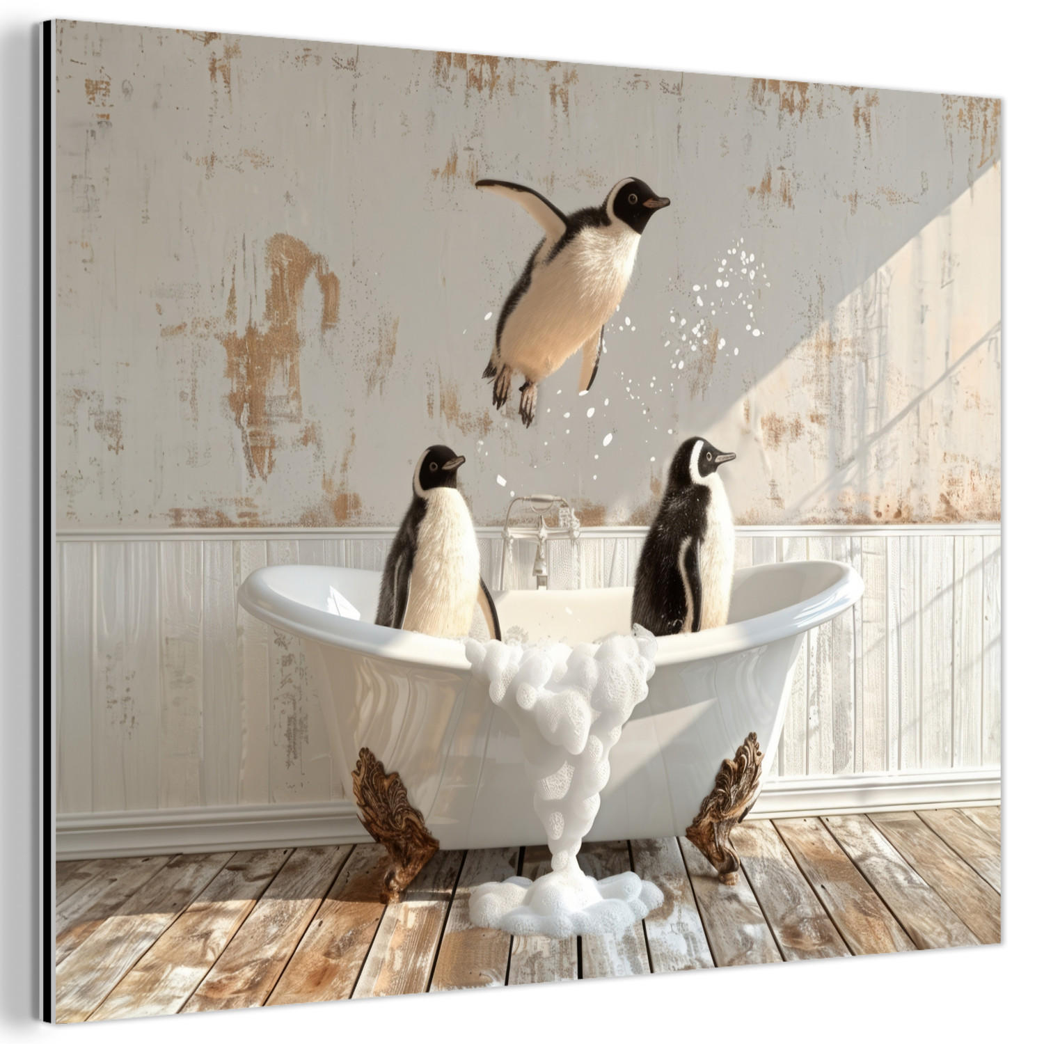 METALLBILD Vintage - Pinguin - Badewanne - Schaumstoff 40x30 cm - Schwarz, Metall (40/30cm) - MuchoWow