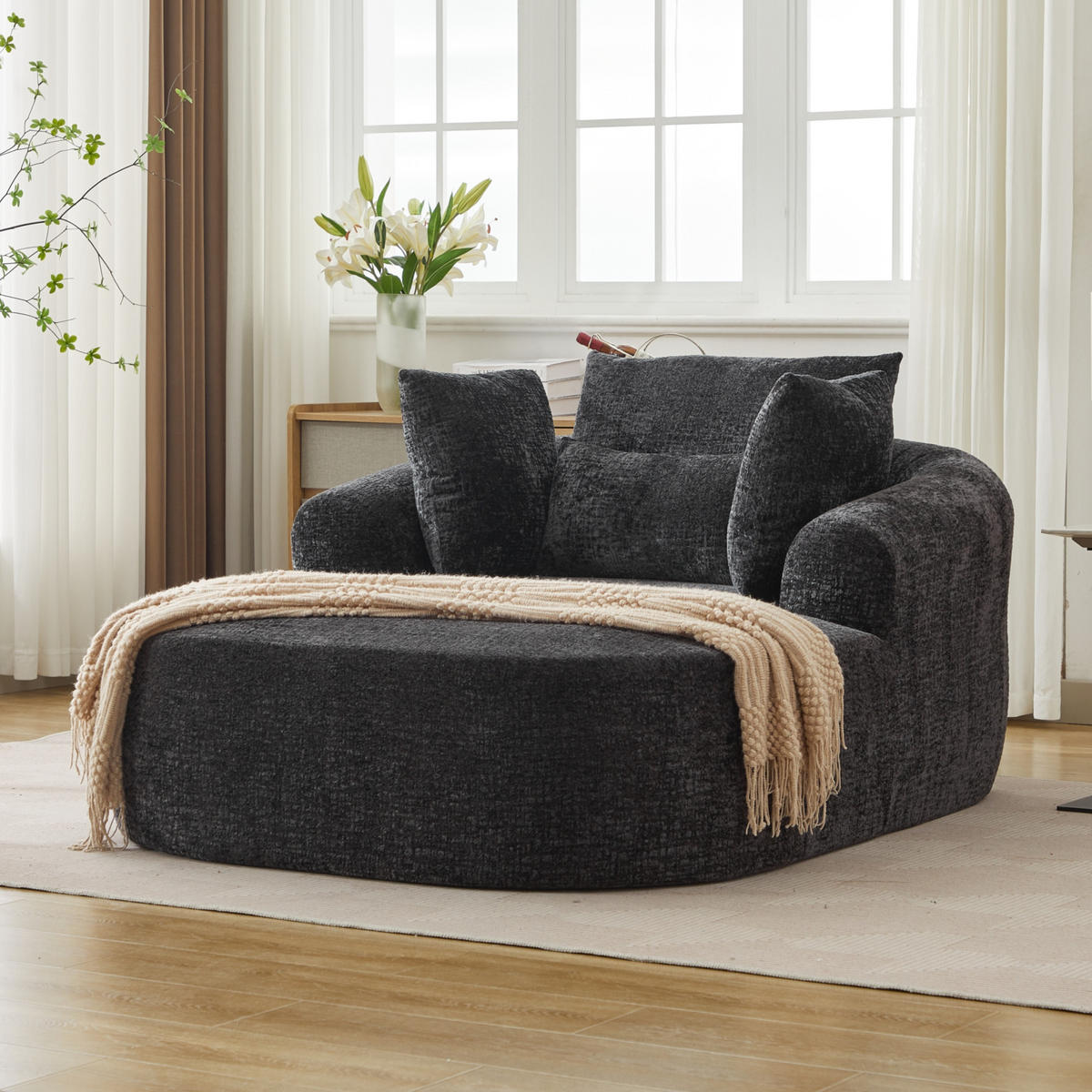 SCHLAFSESSEL DE-34006 mit Armlehnen und Kissen Schwarz - Schwarz, Textil (131/81/146.5cm) - ComfortXL