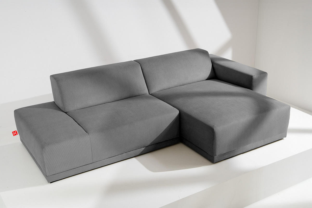 ECKSOFA-RECHTS MUDI in moderner Optik mit hochwertigem Kaltschaum, Cord-Stoff, grau - Schwarz/Grau, Textil (280/160cm) - KONSIMO®