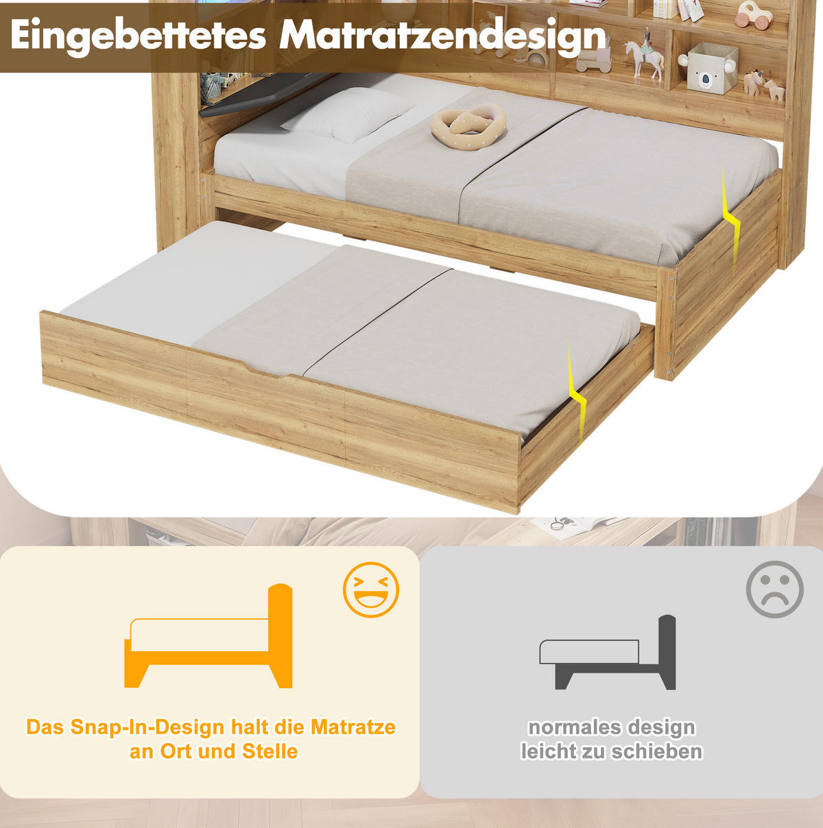 KINDERBETT 90/200 cm aus MDF mit Ausziehbett 90/190 cm, LED, USB-C und Stauraum, Natur - Naturfarben, Holzwerkstoff (90/200cm) - Redom