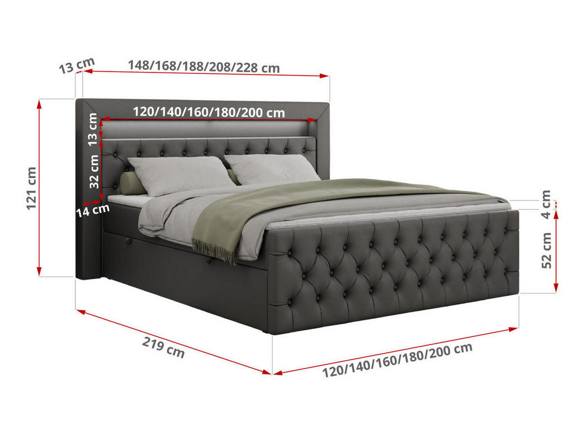 BOXBETT GOLD-9 LED 120/200 Dunkelgrau Kunstleder - H3 - Dunkelgrau, Holz/Textil (120/200cm) - MKS