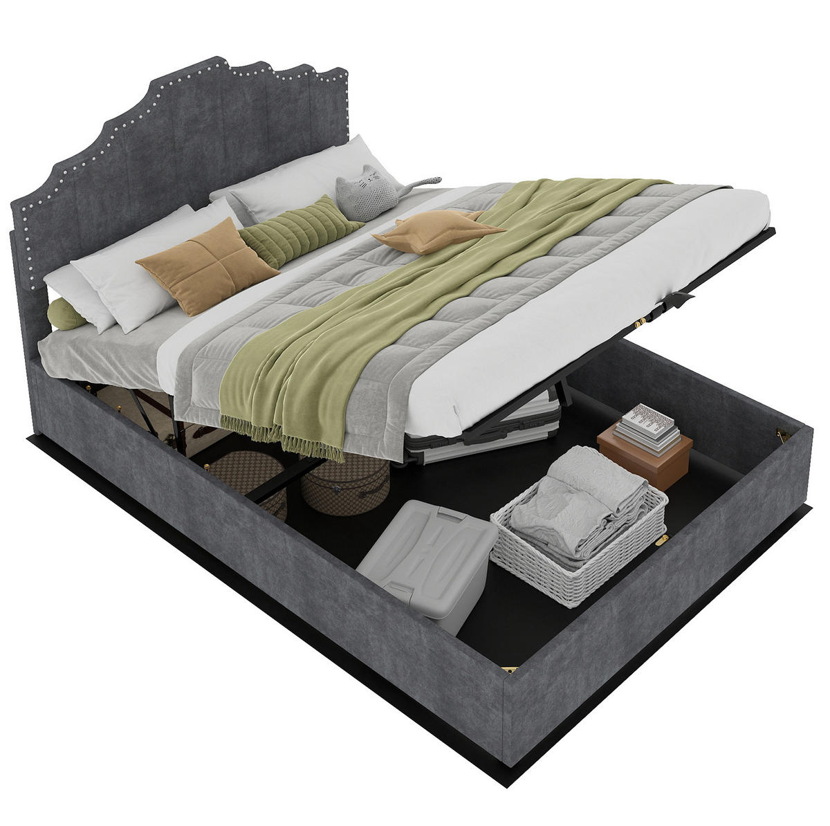 POLSTERBETT 140/200 cm grau aus Stoff und Metall mit Lattenrost - Grau, Textil (140/200cm) - OKWISH