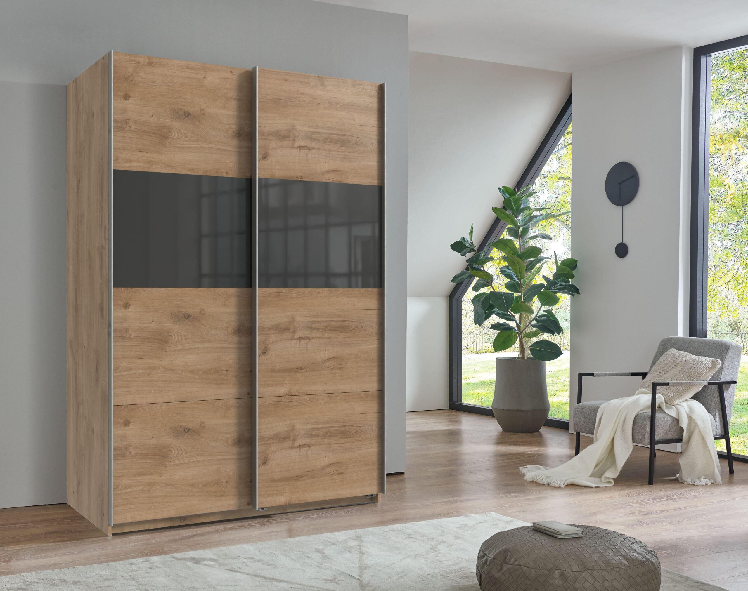 SCHWEBETÜRENSCHRANK Bramfeld in Plankeneiche Grey Glas 135 x 198 x 65 cm (B x H x T) – Kleiderschrank - Braun, Holzwerkstoff (80/200/120cm)