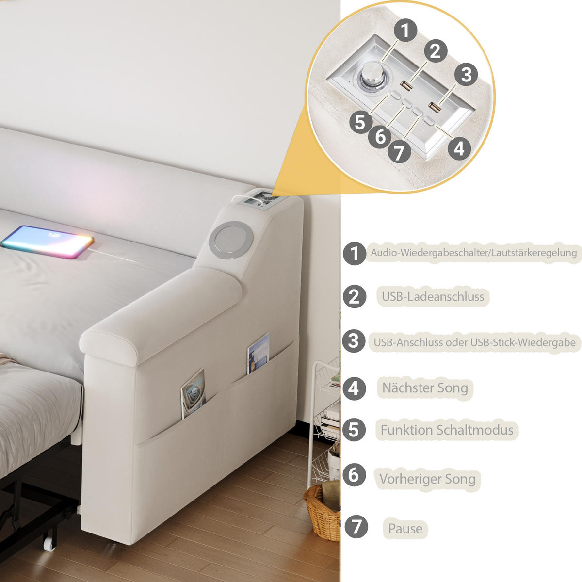POLSTERBETT 90/180x190 Beige Samt USB - Beige, Textil (180/190cm) - FLIEKS