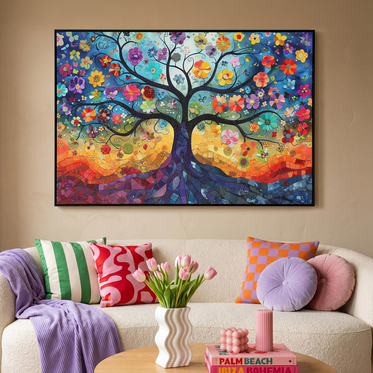 LEINWAND Bilder mit Rahmen - Kunst - Baum des Lebens - Blumen - Hippie - 120x80 - Dunkelblau, Textil (120/80cm) - MuchoWow