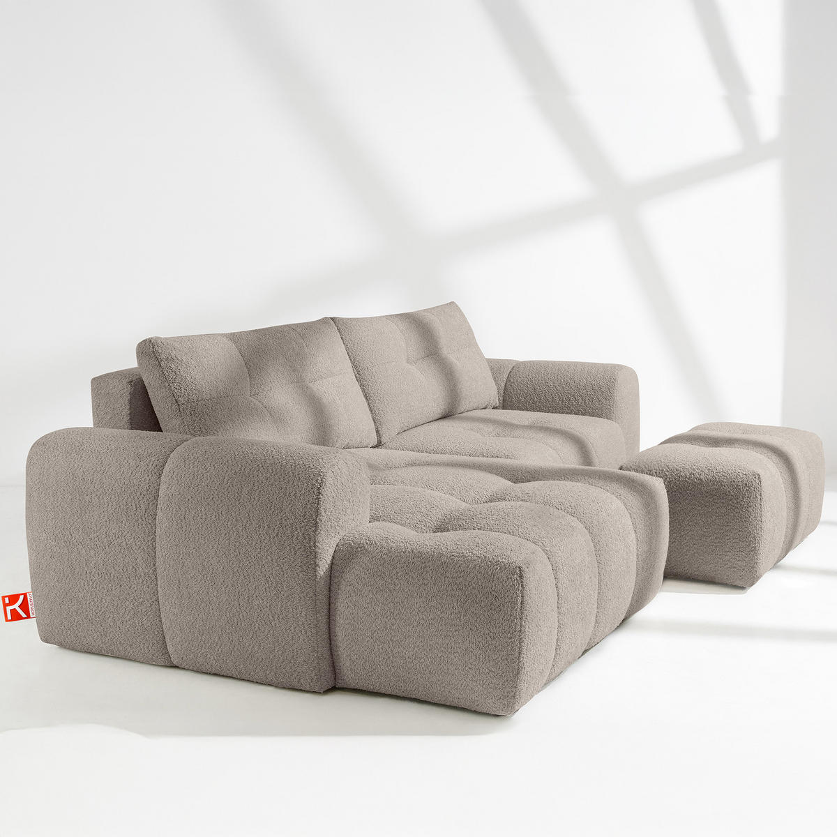 ECKSOFA MIT HOCKER RAVIA, Bouclé, Grau - Grau, Holz/Textil (96/50cm) - KONSIMO®