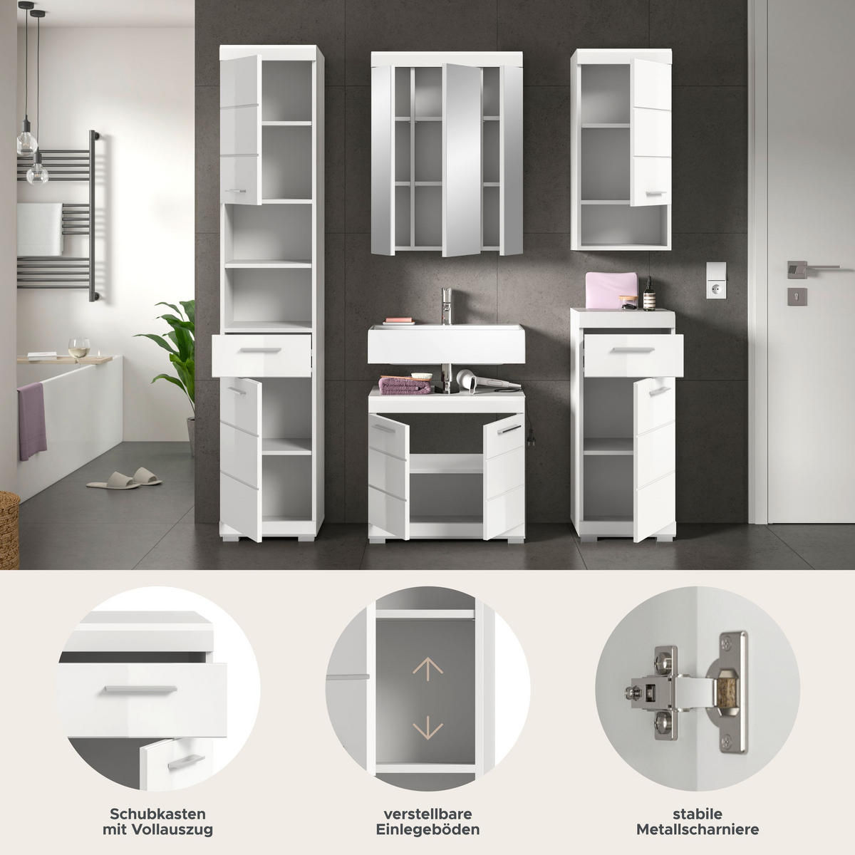 BADKOMBINATION 5tlg. Scout Bad in weiß Nachbildung und weiß hochglanz B/H/T: 164x191x34 cm - Weiß, Holz (164/191/34cm)