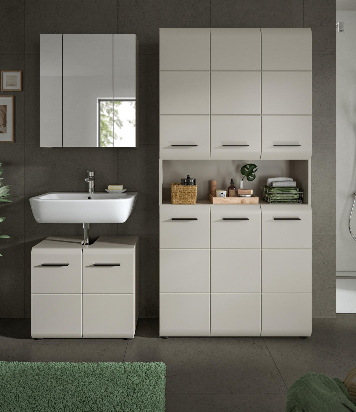 BADMÖBEL-SET Kaschmir 3-teilig 165 cm, Komplettset mit XXL Badschrank - Kaschmir/Schwarz, Glas/Holzwerkstoff (165/185/30cm) - Inn.Furn