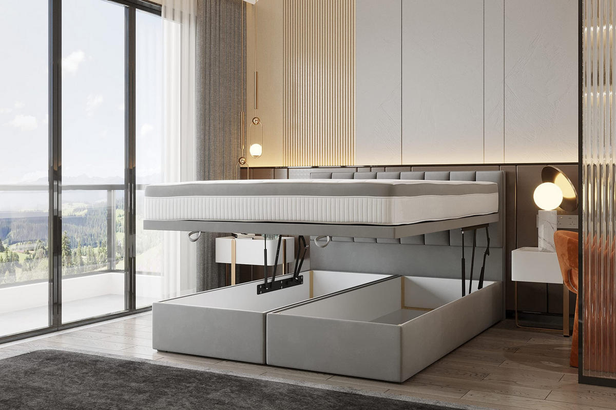 BOXSPRINGBETT BOND - Bett mit Matratze und Bettkasten - mit gestepptes Kopfteil - Grau - 200x200 cm - Grau, Textil (200/200cm) - Trada