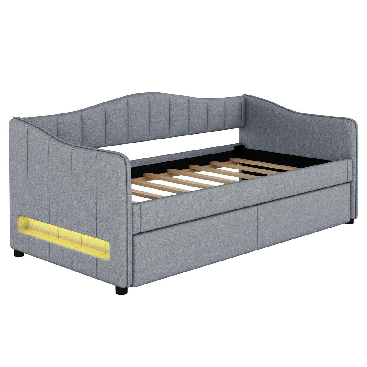 POLSTERBETT 90/200 cm Grau mit Ausziehbett und LED-Beleuchtung aus Leinen und MDF - Grau, Textil (90/200cm) - OKWISH