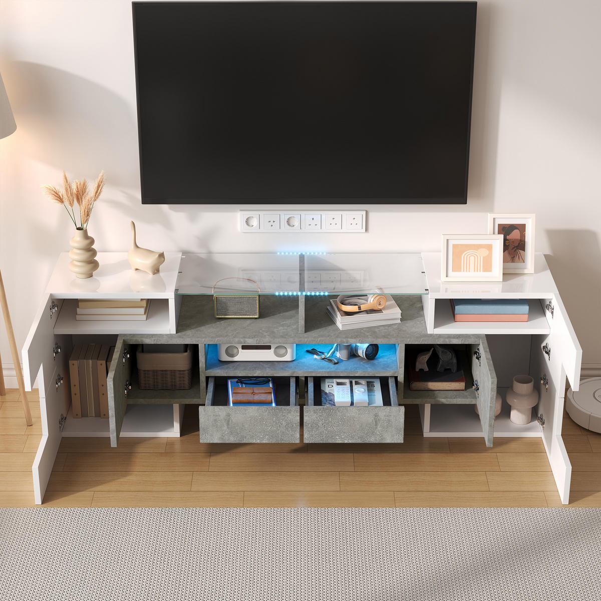 TV-SCHRANK in Hochglanz Weiß/Beton mit LED, 6 Türen und 2 Schubladen 145/30/51 cm - Weiß, Holzwerkstoff (145/51/30cm) - Redom