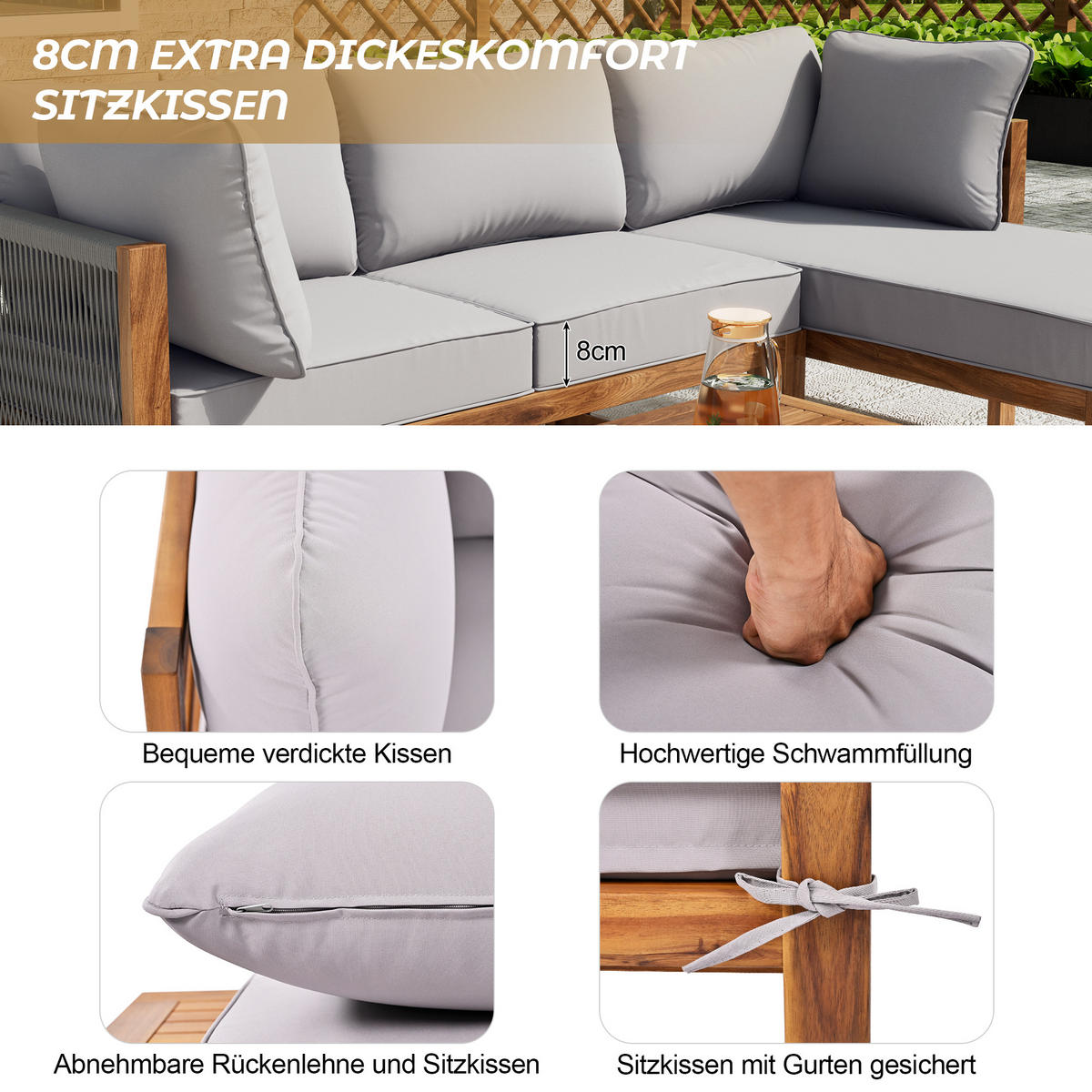 LOUNGESET 3-tlg. L-Form Grau Akazie Mit 2 Zweisitzern & Tisch - Grau, Holzwerkstoff - FLIEKS