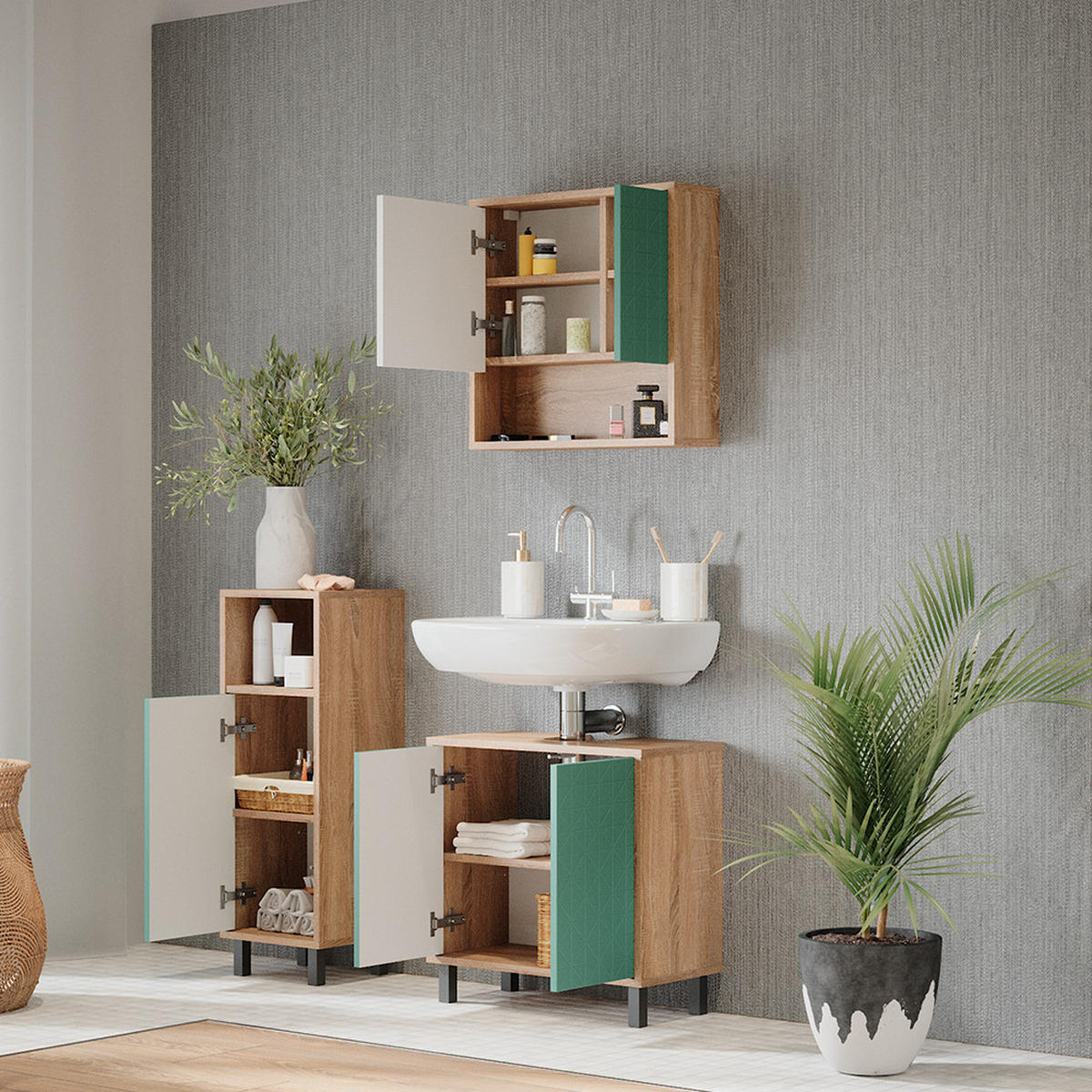 BADMÖBEL-SET Agasta Mintgrün 3 Teile, mit Midischrank - Mintgrün/Sonoma Eiche, Holzwerkstoff (56/57/28cm) - Vicco