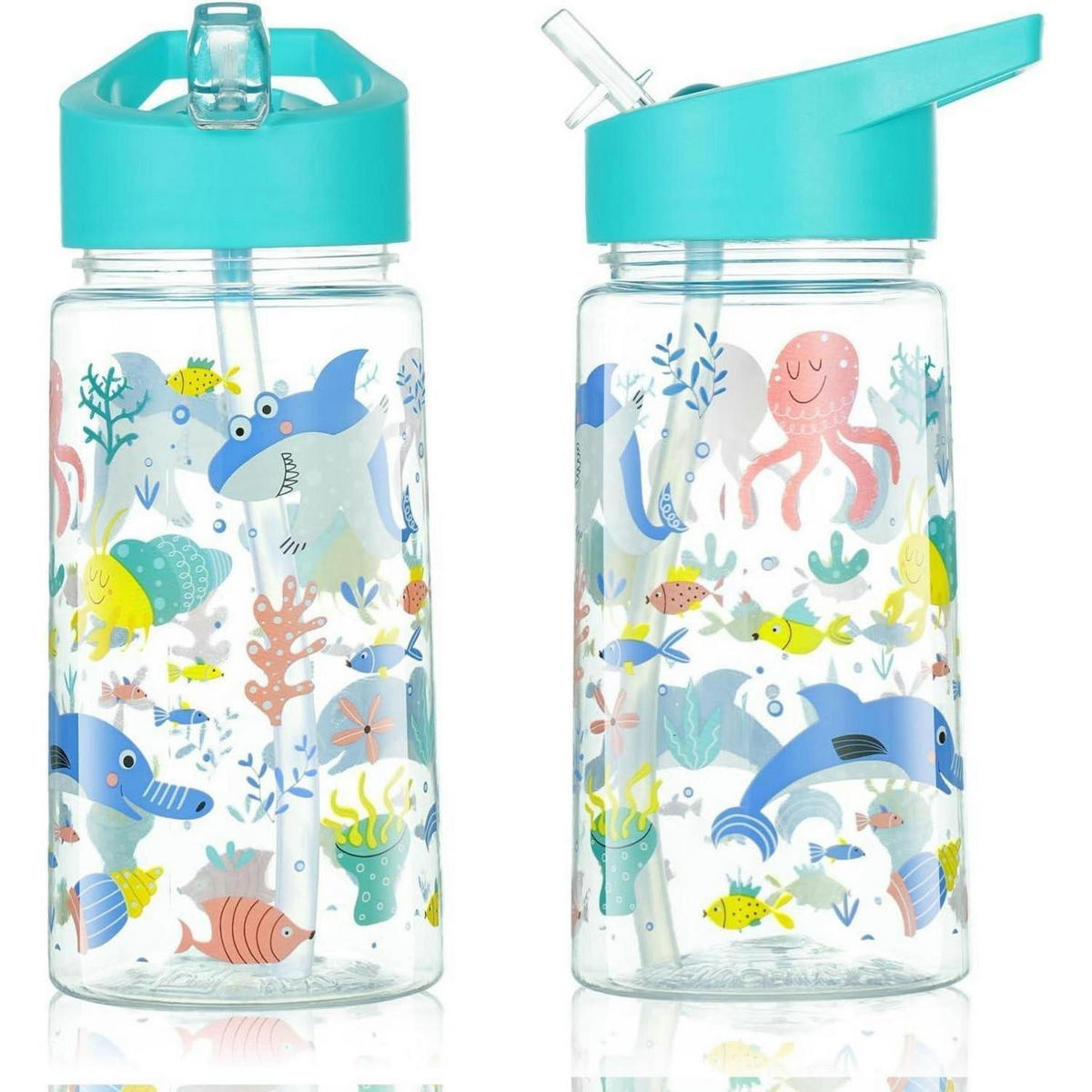 TRINKFLASCHE Kinder mit Strohhalm 450 ml Blau Hai - Multicolor, Kunststoff (7.5/7.5cm)