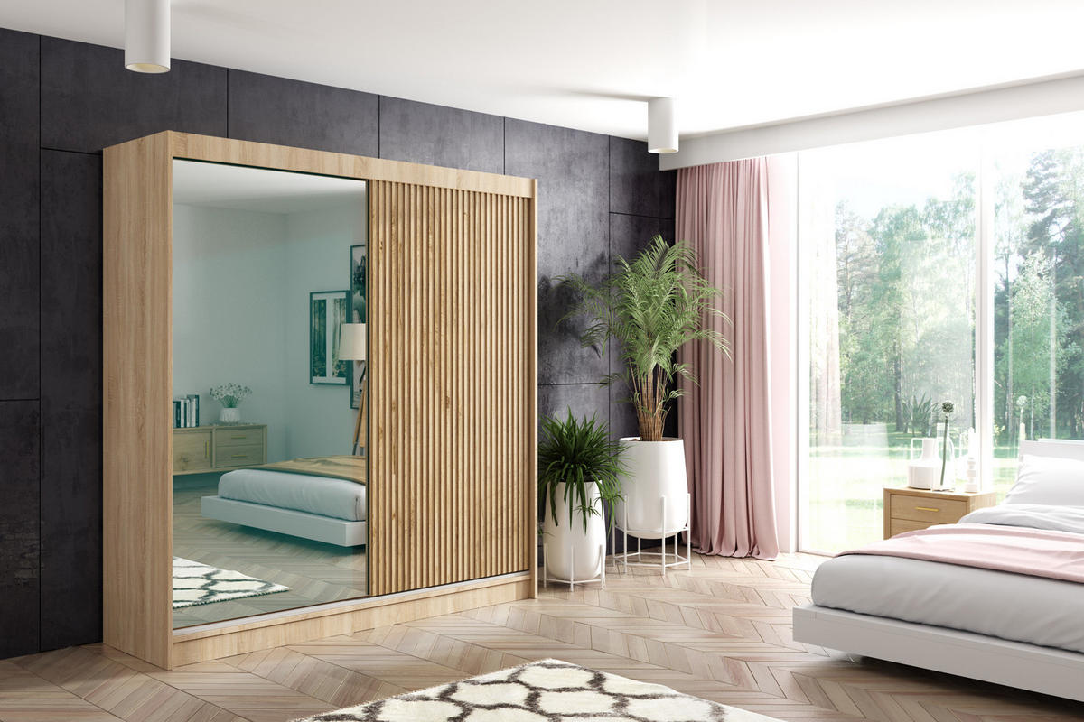 KLEIDERSCHRANK VILAN mit Spiegel - 200 cm - Sonoma Eiche|Eichefarben - Eichefarben/Sonoma Eiche, Holzwerkstoff (200/215/61cm) - ALTDECOR