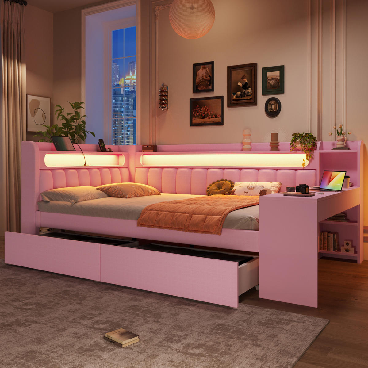 TAGESBETT 140/200 cm rosa aus MDF mit USB, LED, Schreibtisch und 2 Schubladen - Rosa, Holzwerkstoff (140/200cm) - OKWISH