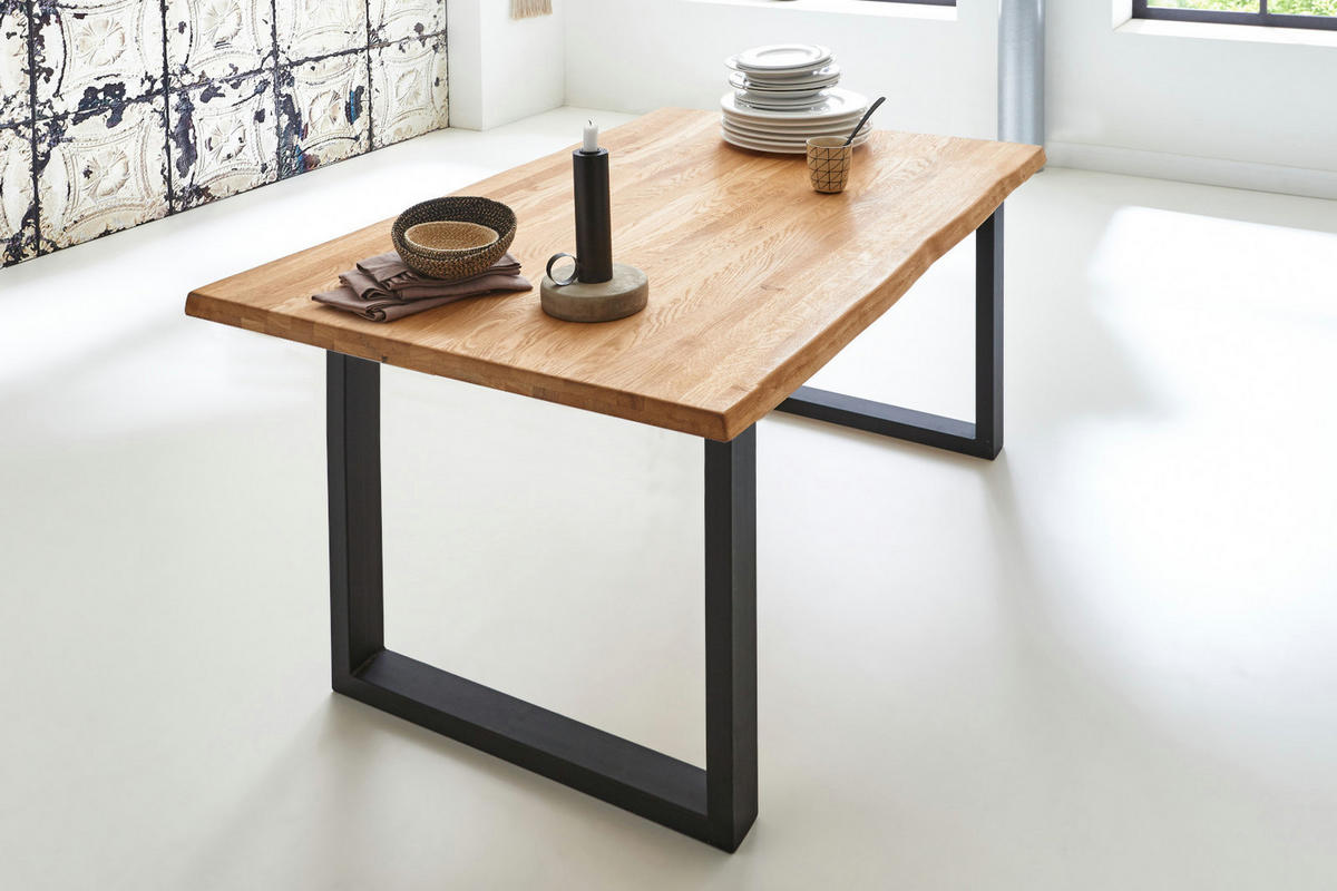 ESSTISCH Baumkante massiv Wildeiche schwarz SESSA 80 cm - Beige/Schwarz, Holz/Metall (80/80/77cm) - SAM