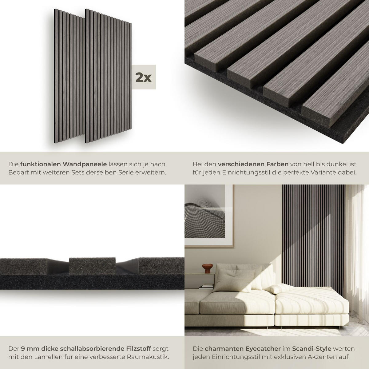 AKUSTIKPANEELE 2er Set Sonic Wall II Holzoptik Eiche hellgrau Größe flexibel anpassbar - Eichefarben/Hellgrau, Holz (50/1.8/110cm) - tectake