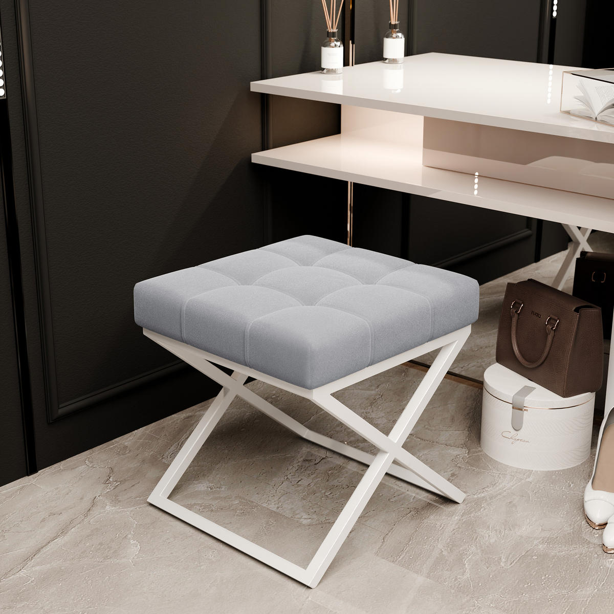 HOCKER LIND 45/45/45 cm, Weiß / Grau - Weiß/Grau, Textil/Metall (45/45/45cm) - Idohome