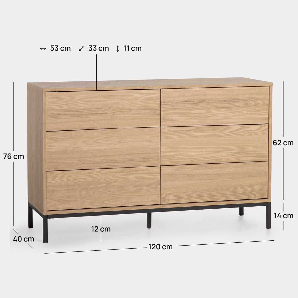SCHUBLADENKOMMODE DOPPELTE Remi Natürlich 120 cm x 76 cm - Naturfarben, Holzwerkstoff (120/76/40cm) - Klast Home