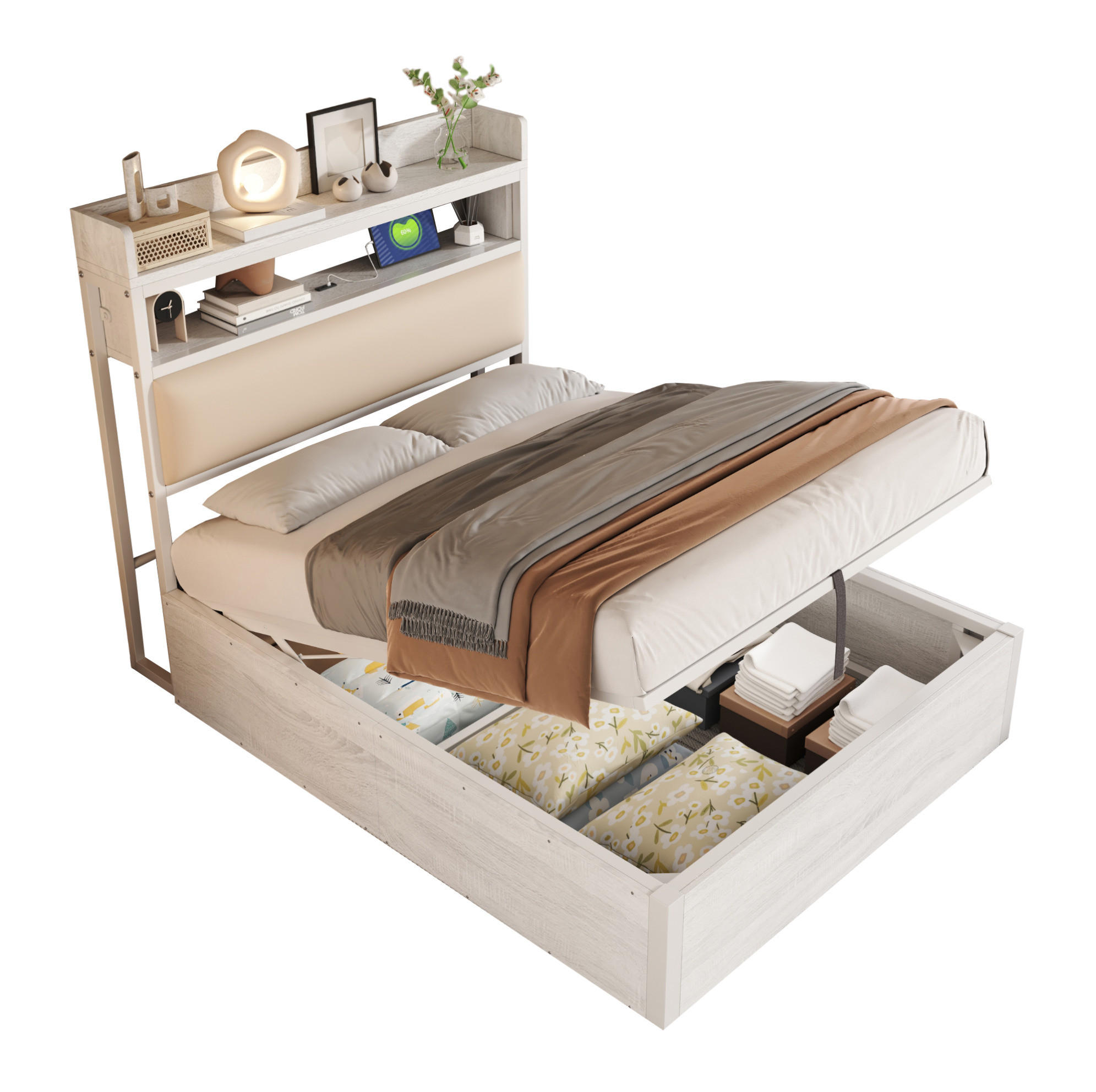 POLSTERBETT 90/200 cm Weiß aus Metall, Stoff und MDF mit Stauraum - Weiß, Metall (90/200cm) - OKMYHOME