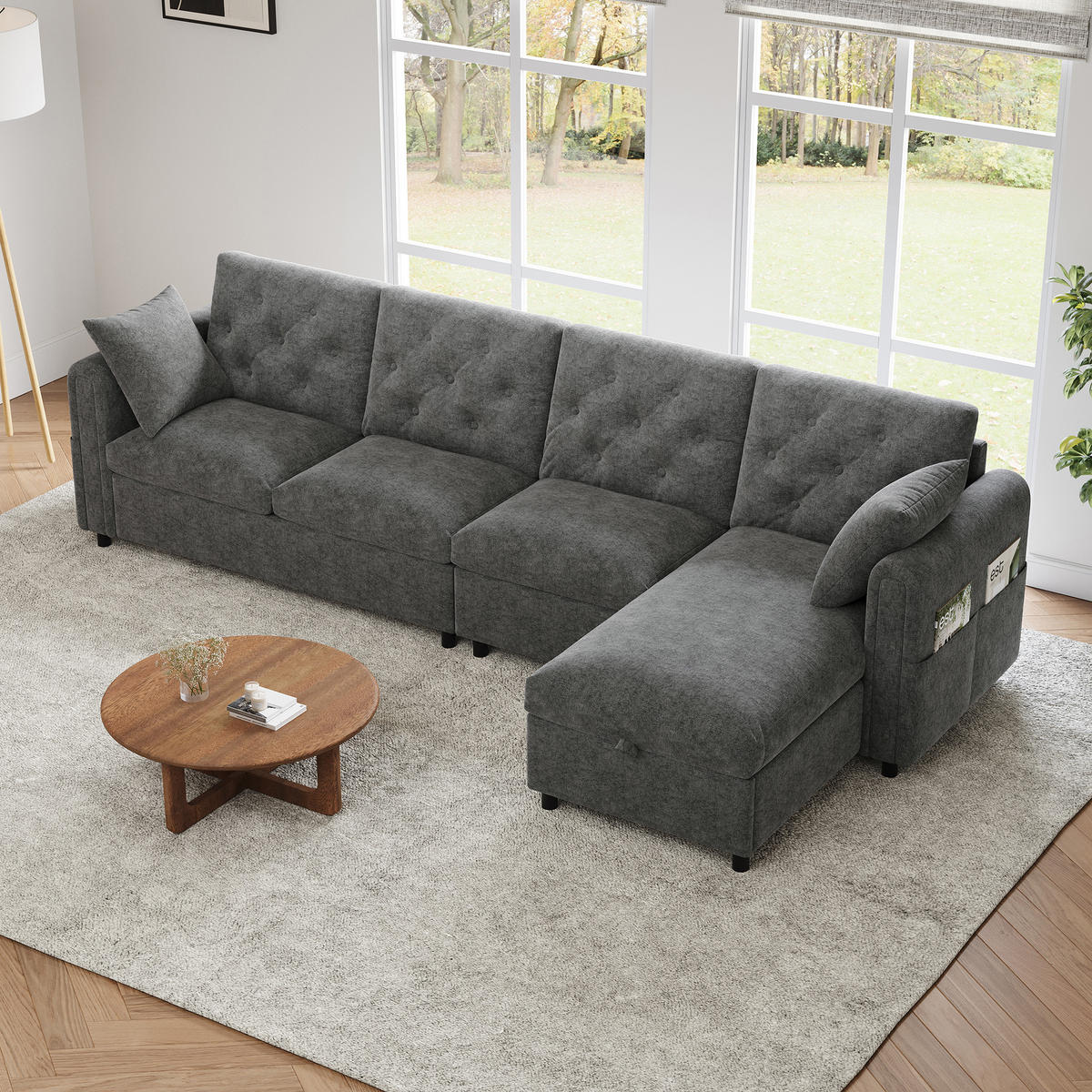 SOFA Grau L-Form Samt Stauraum Armlehne 281cm Knopfheftung - Grau, Textil (132/86/281cm) - FLIEKS