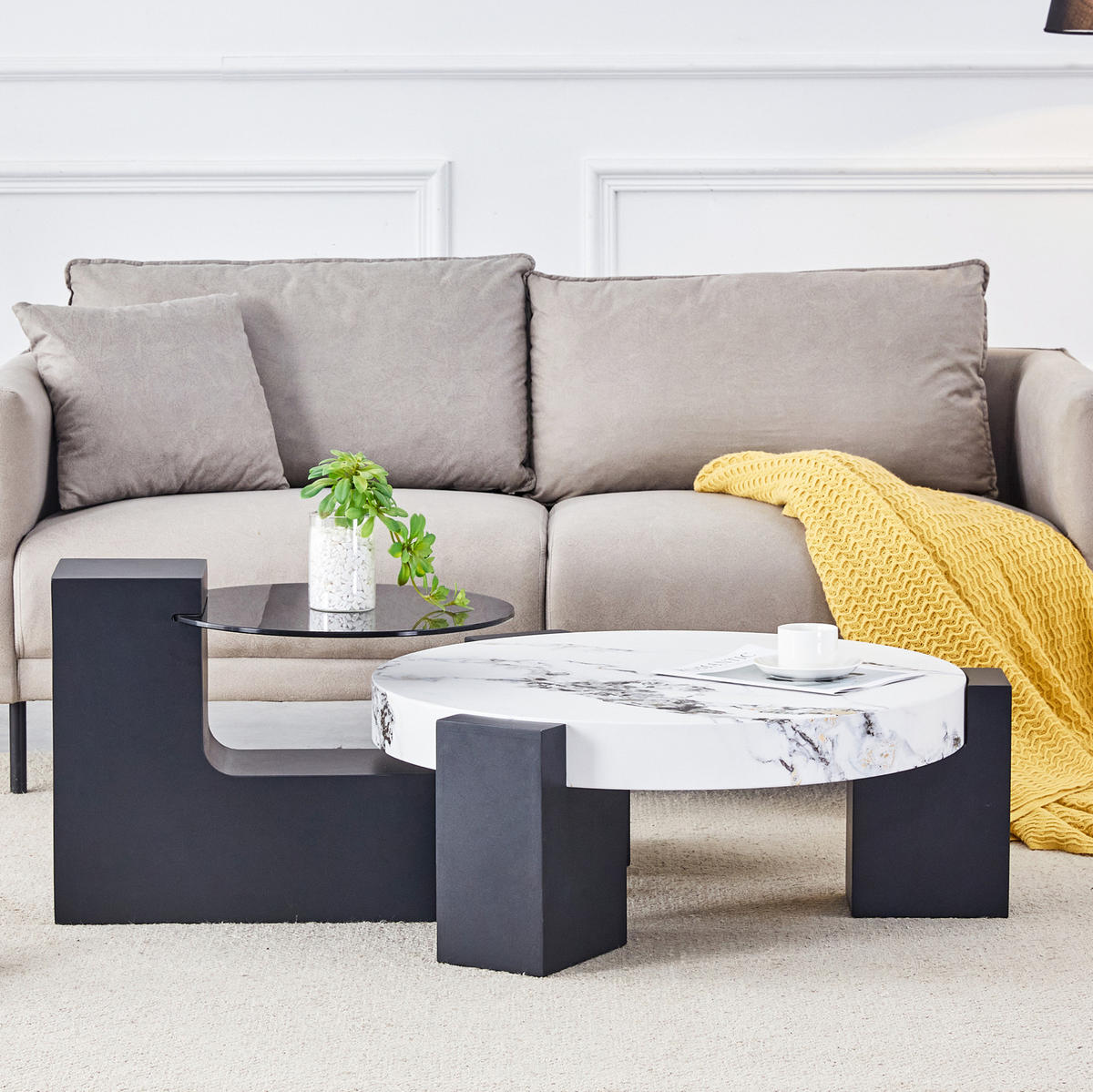 BEISTELLTISCH 61/30 cm Weiß/Schwarz aus MDF und Glas zerlegbar 2er Set - Schwarz, Holzwerkstoff (61/61/30cm) - OKMYHOME