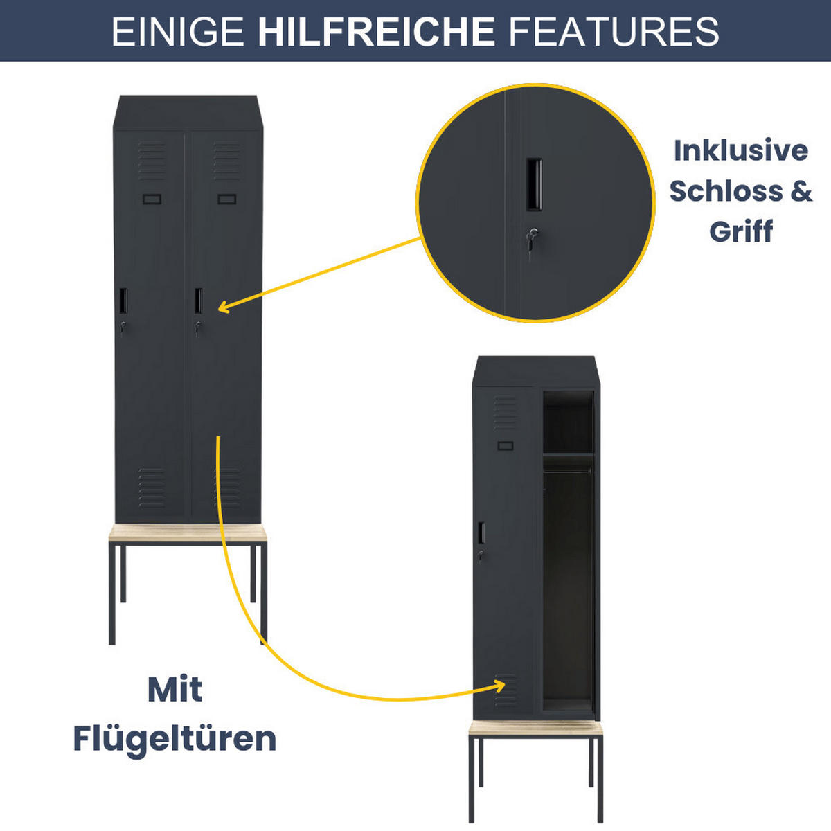UMKLEIDESCHRANK Spind mit Sitzbank BARCA 2 Abteile 229,5x60x85cm Anthrazit - Anthrazit, Metall (60/229.5/85cm) - DELUKE