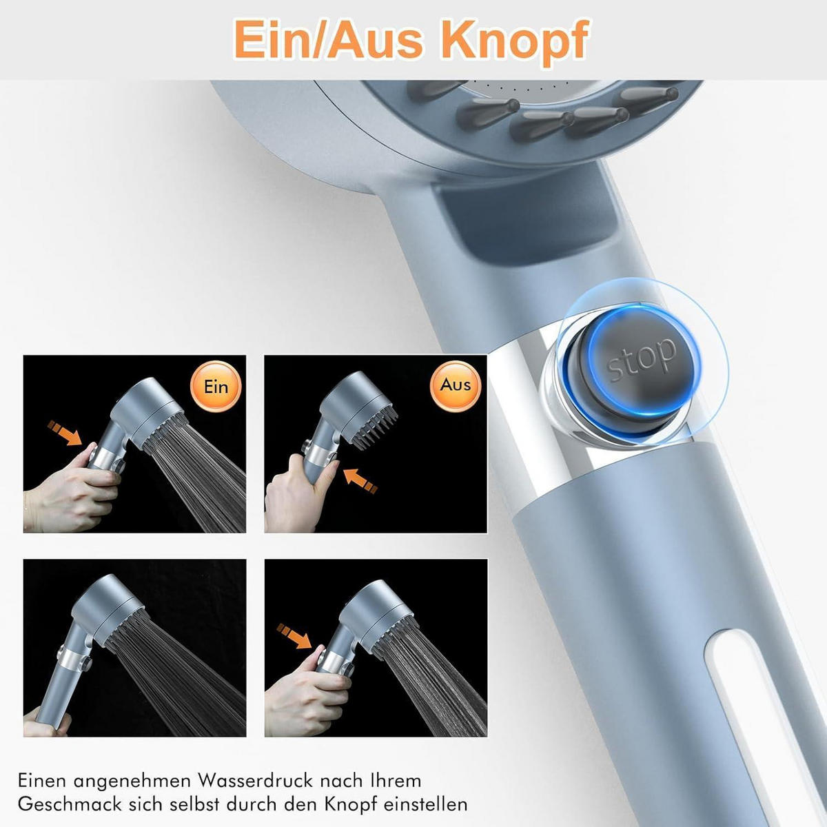 HANDBRAUSE mit 15-Schicht-Filter und 3+1 Strahlarten, Blau - Blau, Kunststoff (9/12.7/27cm)