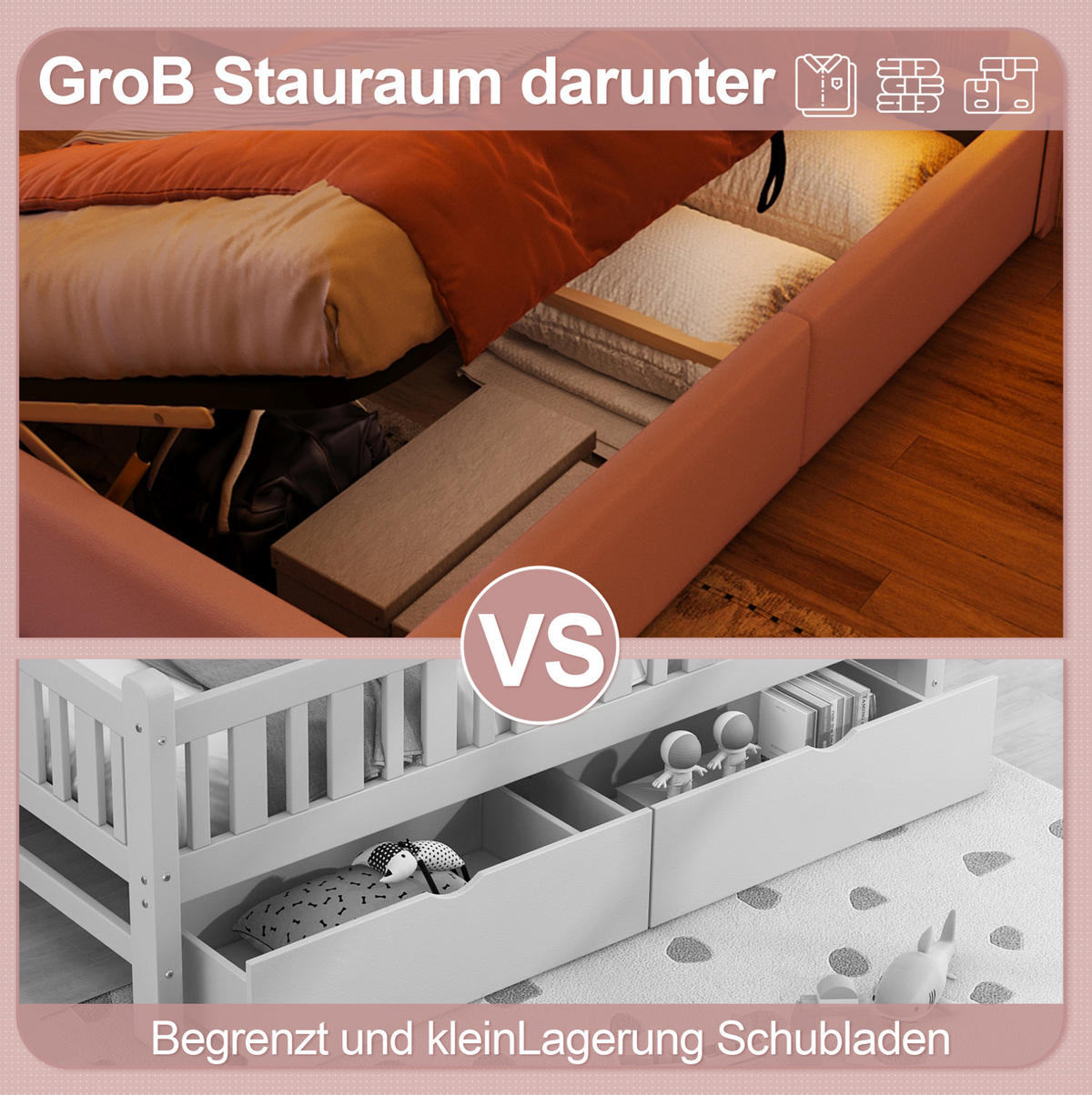 POLSTERBETT aus PU 90x200 cm Rosa mit LED-Lichtleiste, Bettkasten und verstellbarem Kopfteil - Rosa, Leder (90/200cm) - IVMEU