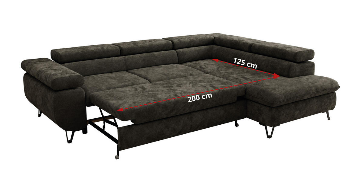ECKSOFA PABLO L Dunkelgrau Schenille glatt - Rechts Seite mit Visco Topper - Dunkelgrau/Schwarz, Textil/Metall (273/208cm) - MKS