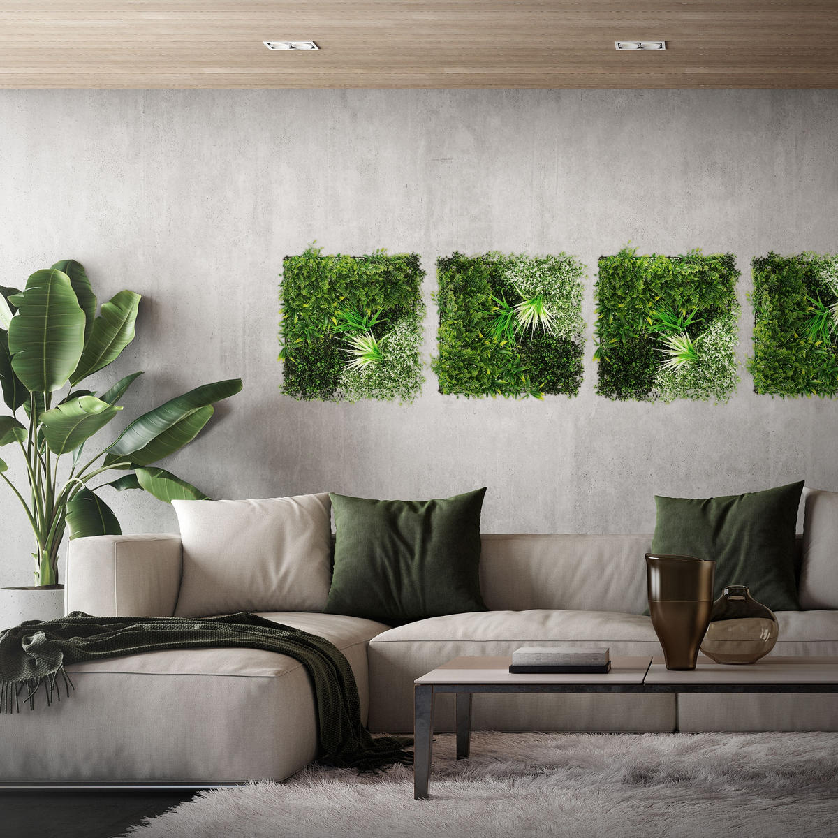 KÜNSTLICHE PFLANZENWAND 4er Set 50x50 cm Kunstpflanzen Wand Innen Aussen Grün White Blossom - Hellgrün, Kunststoff (50/50/10cm) - ECD-Germany