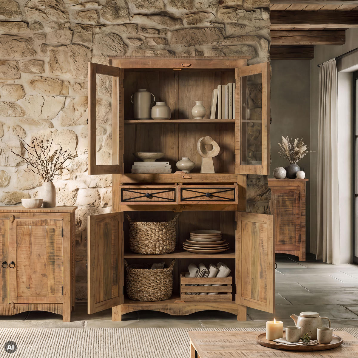VITRINE Akazie 90x40x180 natur versiegelt NATURE OF SPIRIT #208 - Naturfarben, Holz (90/180/40cm) - Massivmoebel24