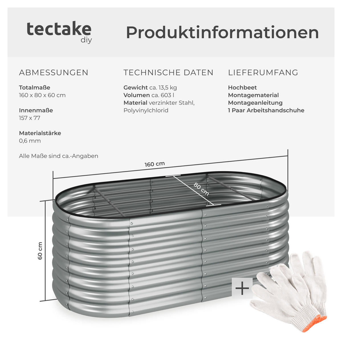 HOCHBEET Flormma,160 x 80 x 60 cm,silber - Silberfarben, Metall (160/60/80cm) - tectake