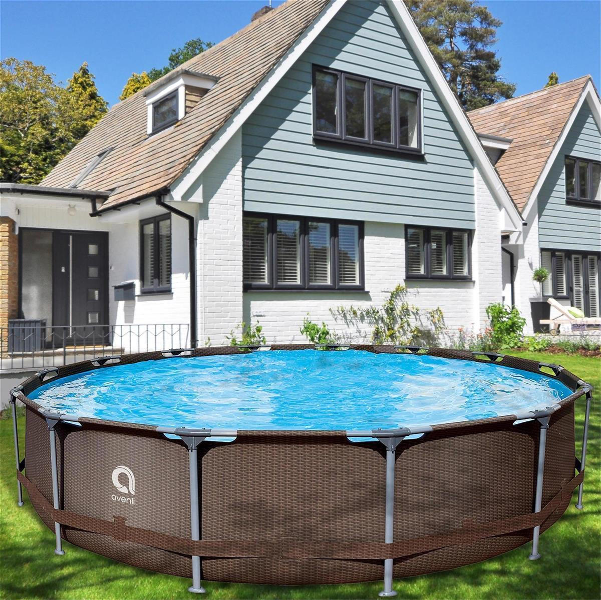 POOL Komplettset Framepool rund 457 x 84 cm rattan-braun mit Filterpumpe - Braun, Kunststoff (457/84/457cm) - Avenli