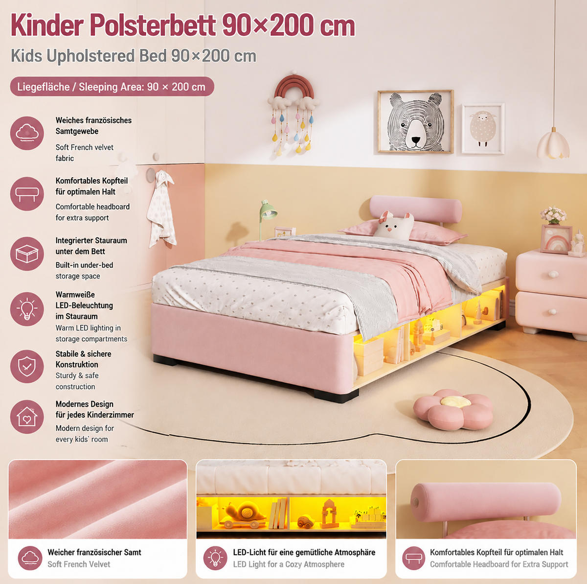 POLSTERBETT 90/200 cm Rosa mit LED und Stauraum ohne Matratze - Rosa, Textil (90/200cm) - MIVRAY