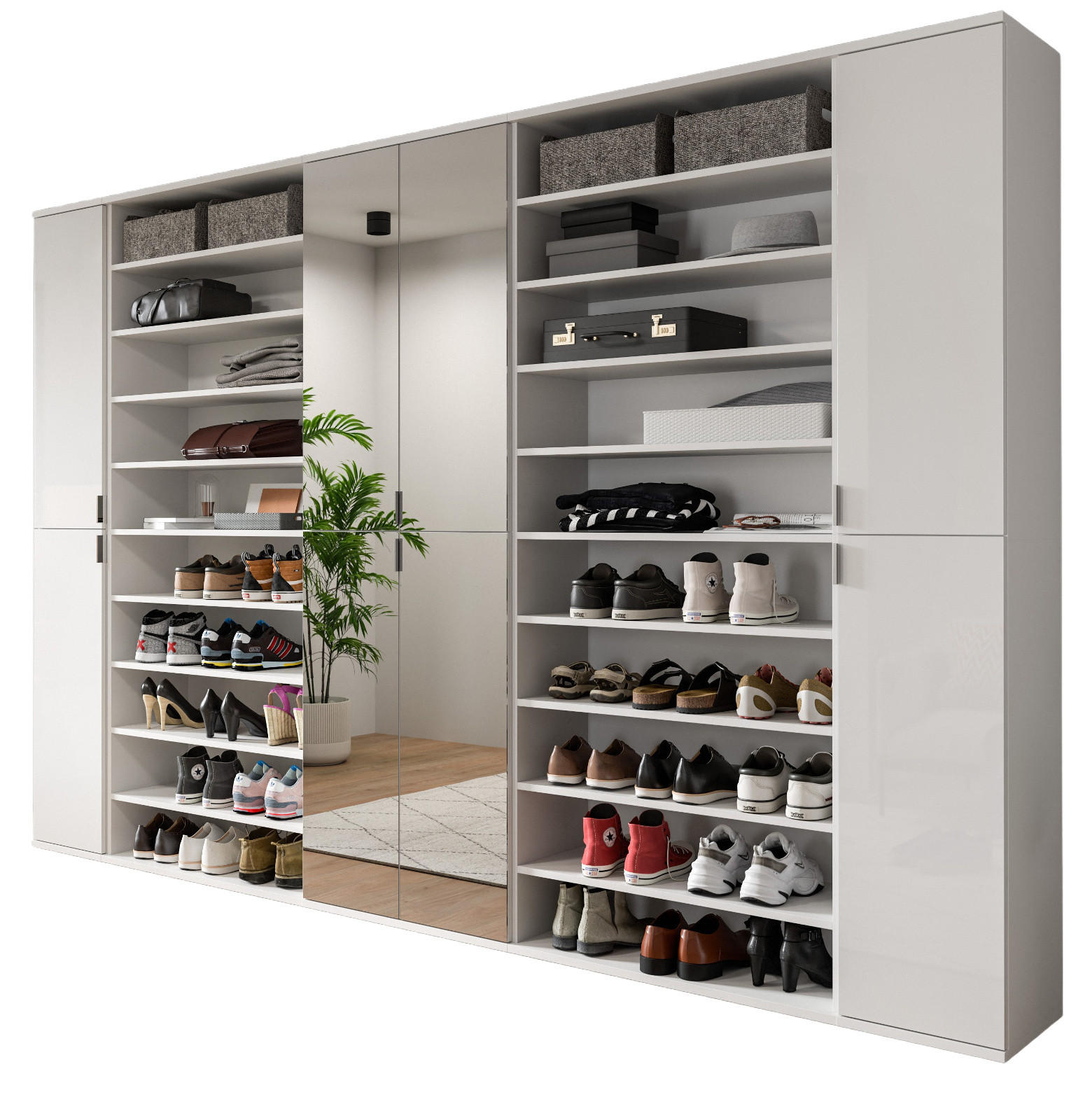 GARDEROBENSCHRANK mit Spiegltüren, weiß Hochglanz 281 cm, Schuhschrank XXL - Chromfarben/Weiß Hochglanz, Glas/Holzwerkstoff (281/193/34cm) - Inn.Furn