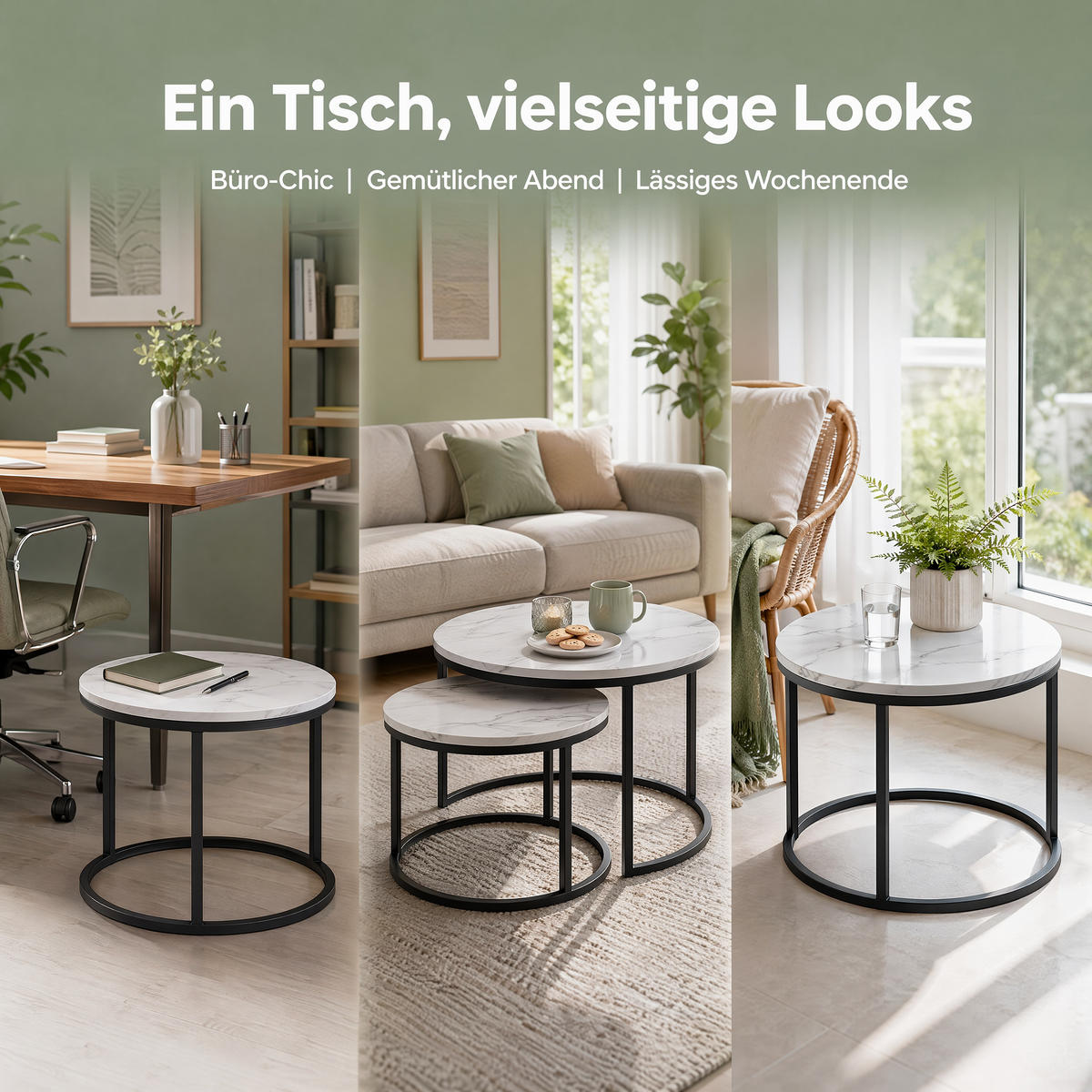 COUCHTISCH 2-TEILIG Rund Weiß Schwarz Metall Tischset Wohnzimmer - Multicolor, Holz (80/60/45cm) - SHOPENTRA