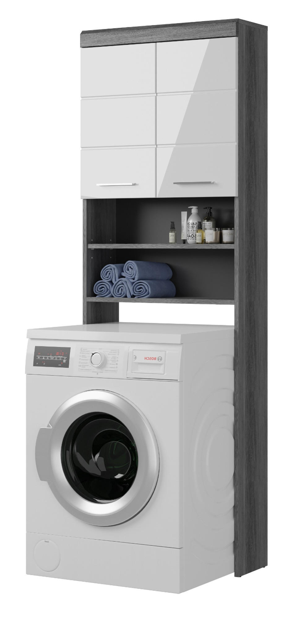 Inn.Furn Waschmaschinenschrank Weiß Hochglanz, Grau 63x191x24 cm