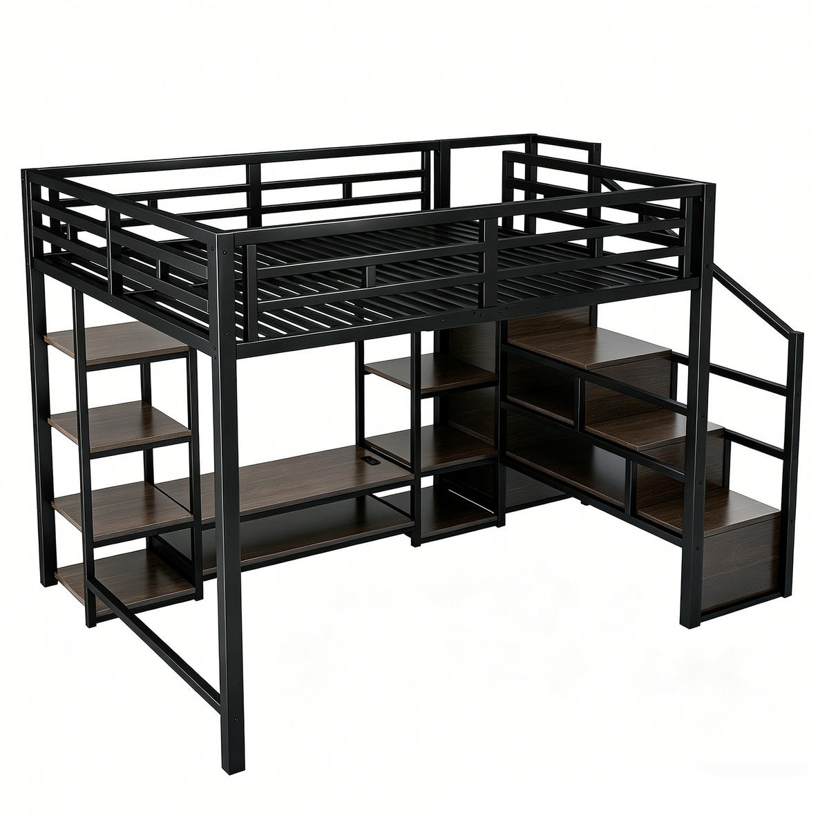 HOCHBETT 140/200 cm DE-01466, in Schwarz & Grau, mit TV-Ständer, Steckdose und Sicherheitsleiter - Schwarz/Grau, Metall (140/200cm) - ComfortXL