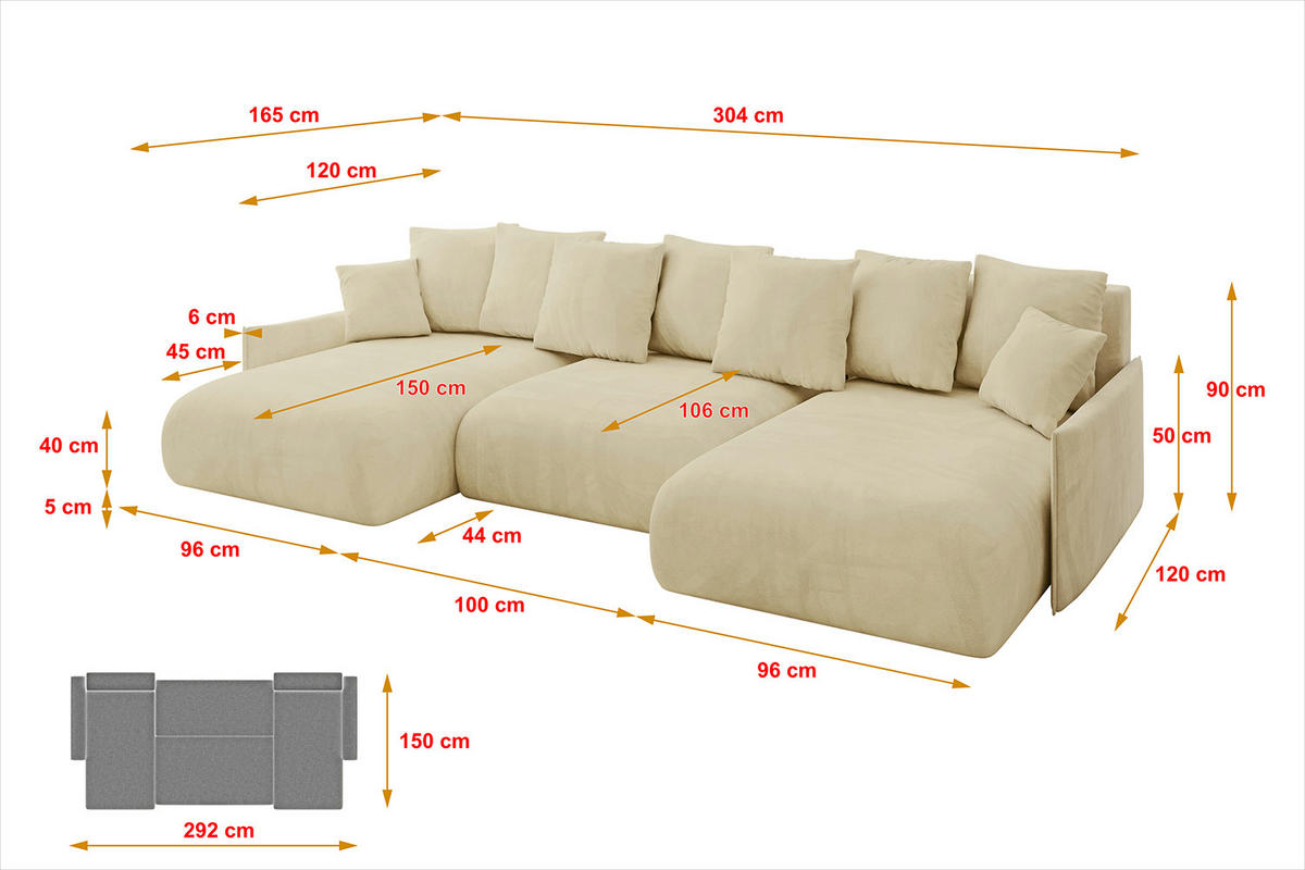 WOHNLANDSCHAFT mit Schlaffunktion und Bettkasten ONESK-U-v1 304x165x40 Beige Velours - Beige, Holzwerkstoff/Kunststoff (304/90/165cm) - ALTDECOR