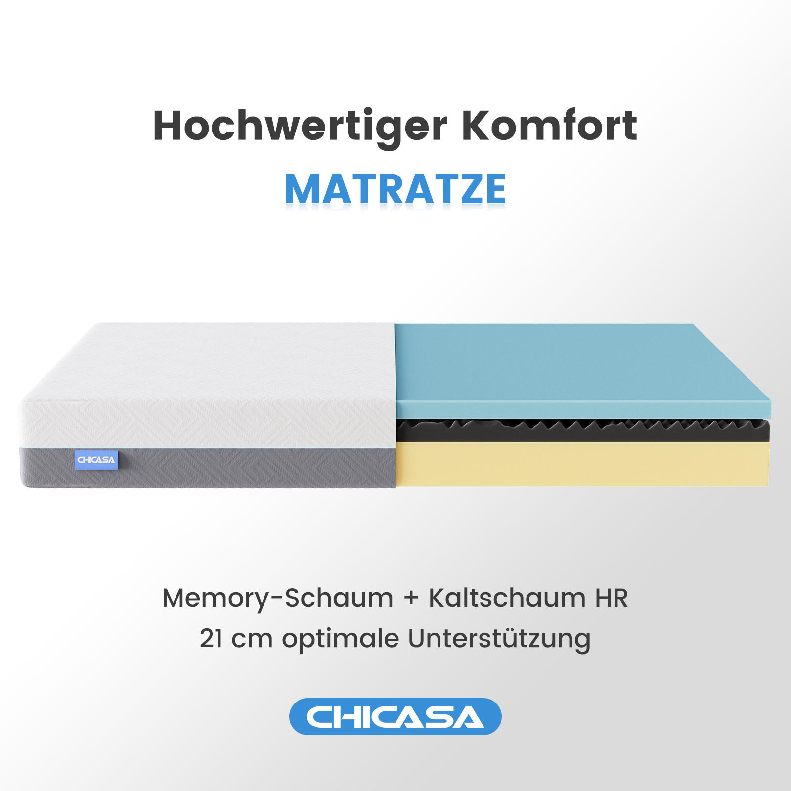 KALTSCHAUMMATRATZE H3/H4, 21cm, mit Memoryschaum - Weiß, Textil (180/200cm) - CHICASA