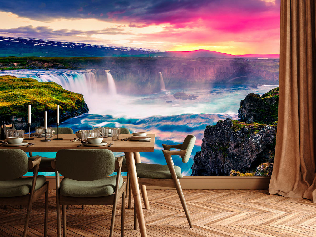 FOTOTAPETE für Esszimmer Godafoss Wasserfall Sonnenuntergang Natur 200x140 - Multicolor, Papier (200/140cm) - Muralo