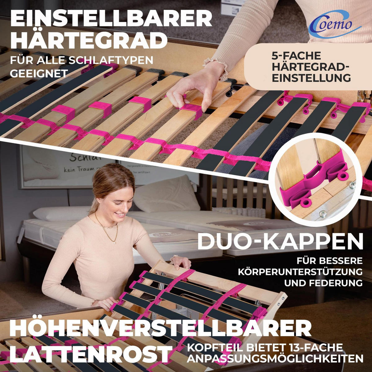 LATTENROST PINK DREAM 90 x 200 cm Kopfteil verstellbar, Selbstmontage - Naturfarben, Holz (90/200cm) - Coemo