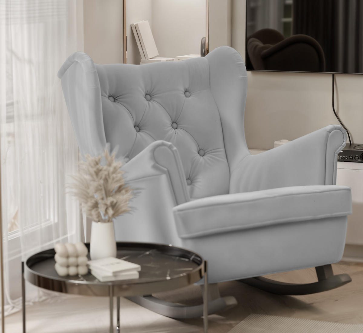 SCHAUKELSESSEL SCANDI Holzfüße, Samt Grau - Grau, Holz/Textil (75/97/60cm) - Idohome