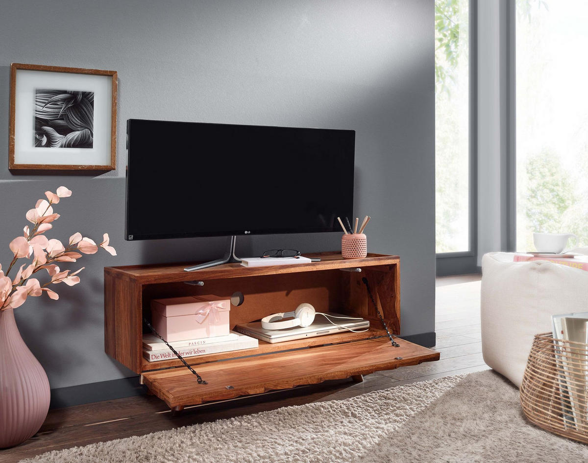 LOWBOARD Massivholz Landhausstil Modell Oasis für Fernseher bis 50 Zoll mit Kabeldurchlass - Braun, Holz (92/44/35cm) - KADIMA DESIGN