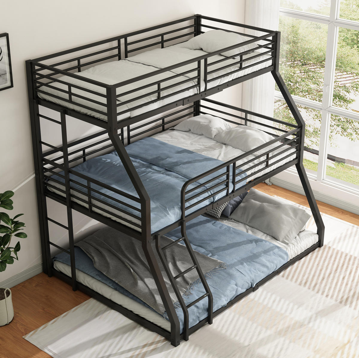 ETAGENBETT 90/200 cm aus Metall mit 3 Schlafplätzen und Sicherheitsgeländern - Schwarz, Metall (90/200cm) - BEAOK
