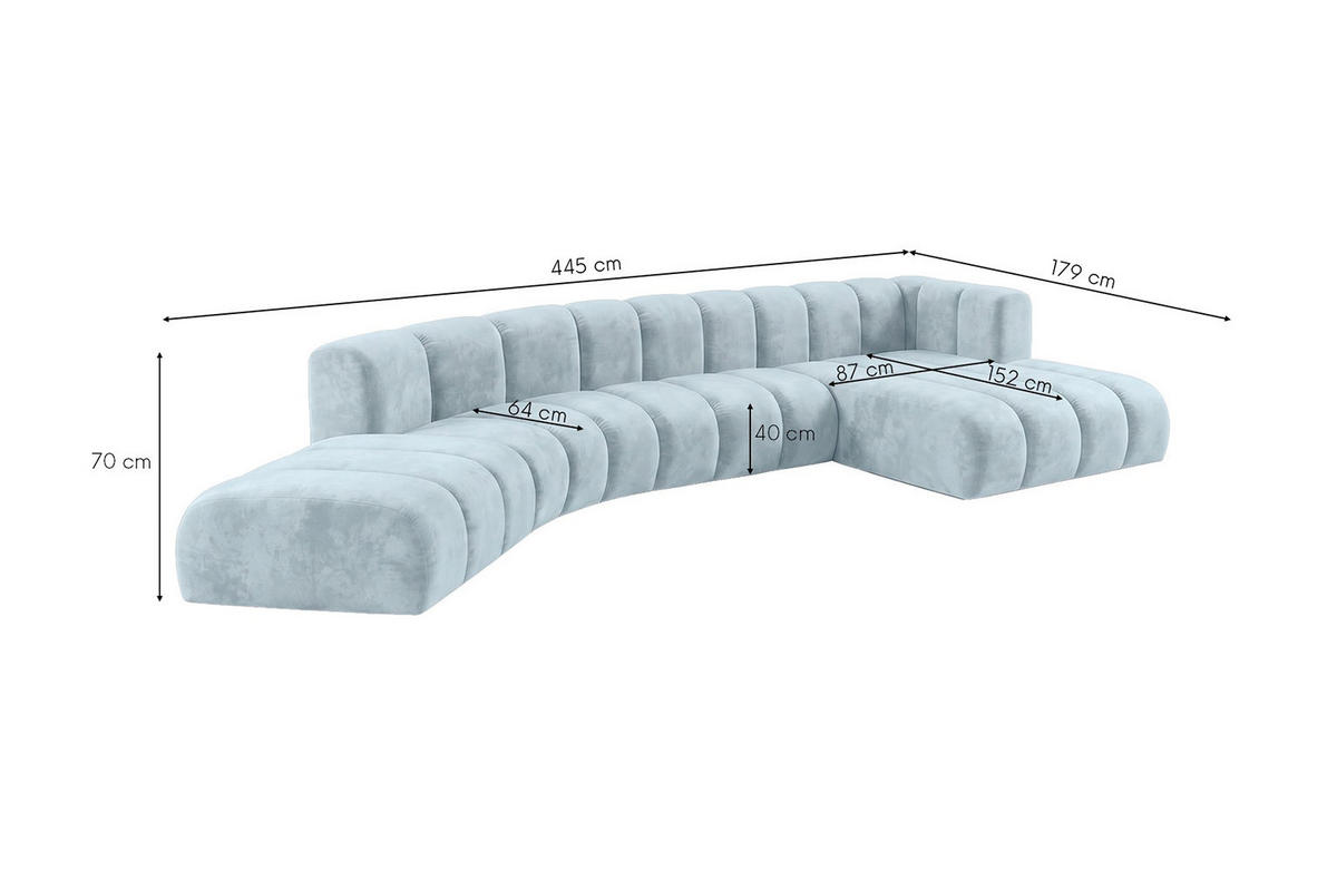 ECKSOFA Modulares In L-Form, Velvet-Stoff Riviera, Babyblau, Rechts, GRAND Round - Hellblau, Holz (445/179cm) - Kaiser Möbel